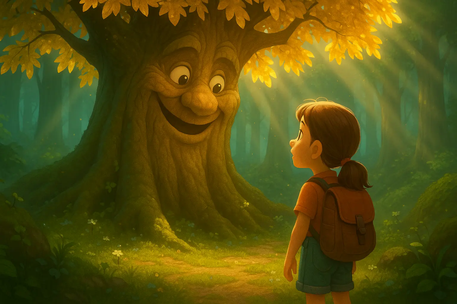 Gizemli ormanda küçük bir kız ve kanatları parlayan minik bir peri, büyülü ışıklar içinde konuşuyor.