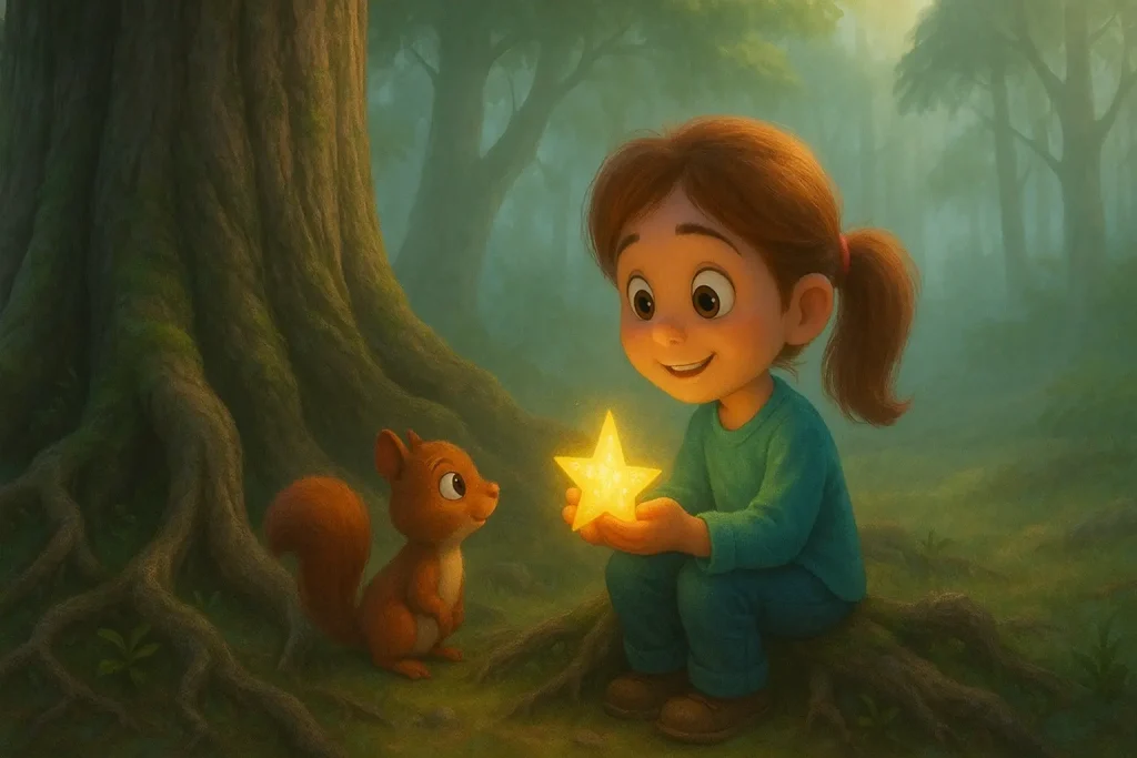 Lina, yaşlı çınarın dibinde parlayan yıldız parçasını bulurken yanında minik sincap ona eşlik ediyor.