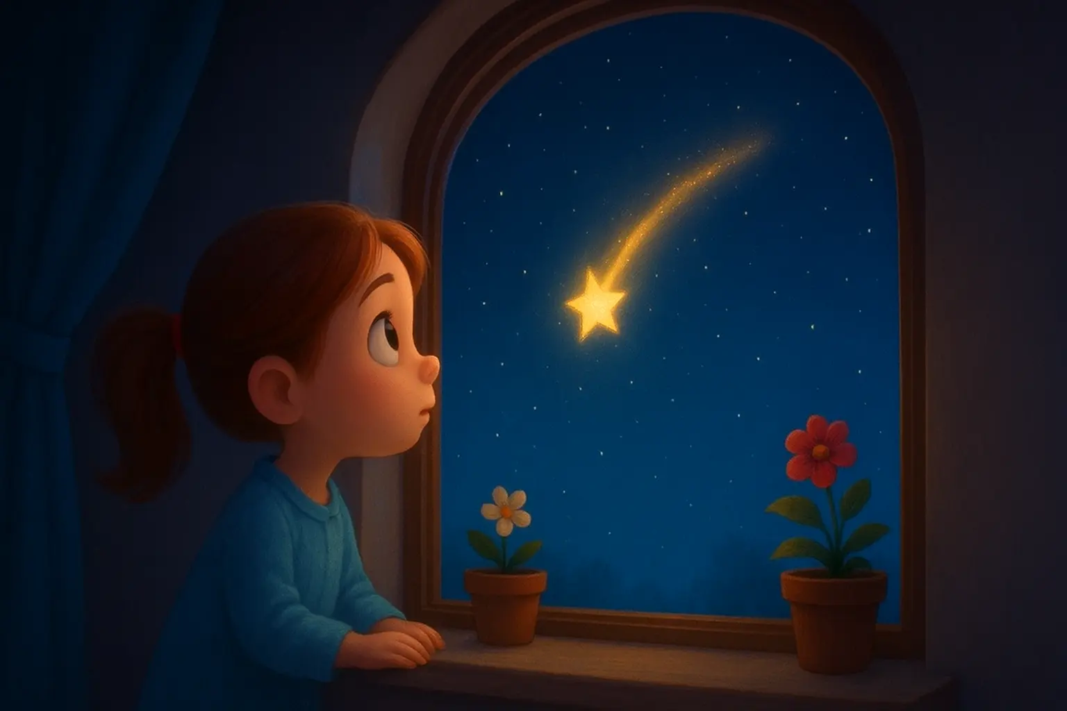 Küçük Lina, odasından gökyüzüne bakarken düşmekte olan altın renkli yıldızı fark ediyor.
