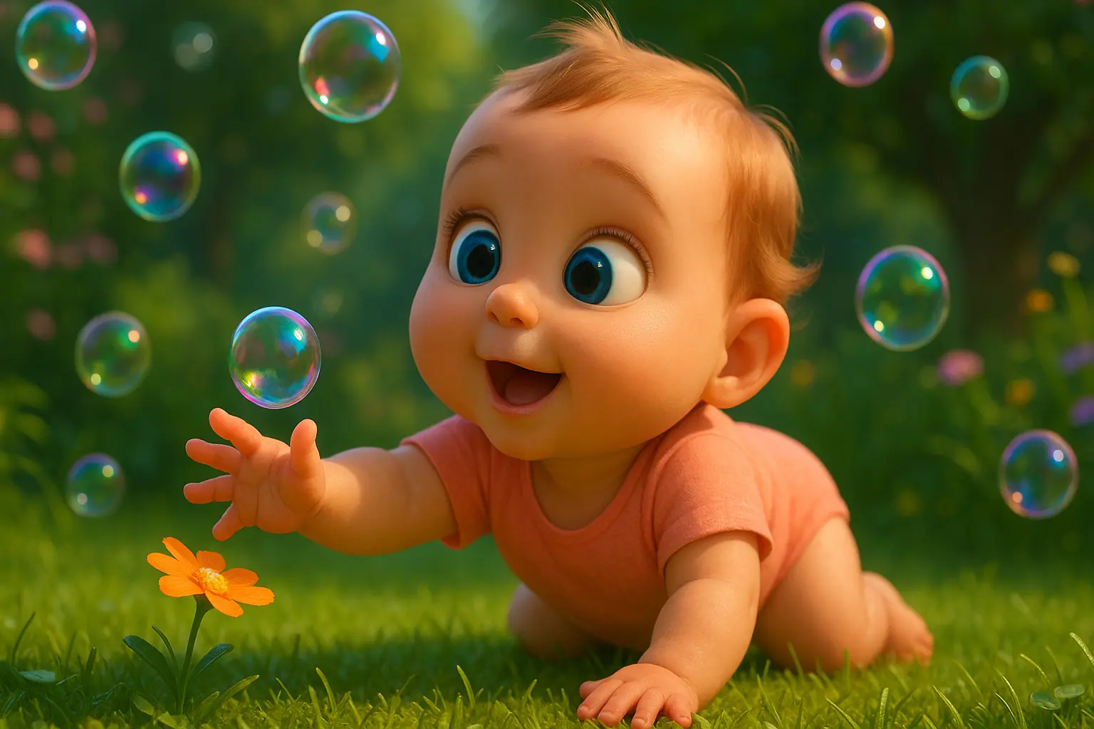 Zeynep, bahçede renkli baloncukların peşinden giderken hayranlıkla onlara uzanıyor.