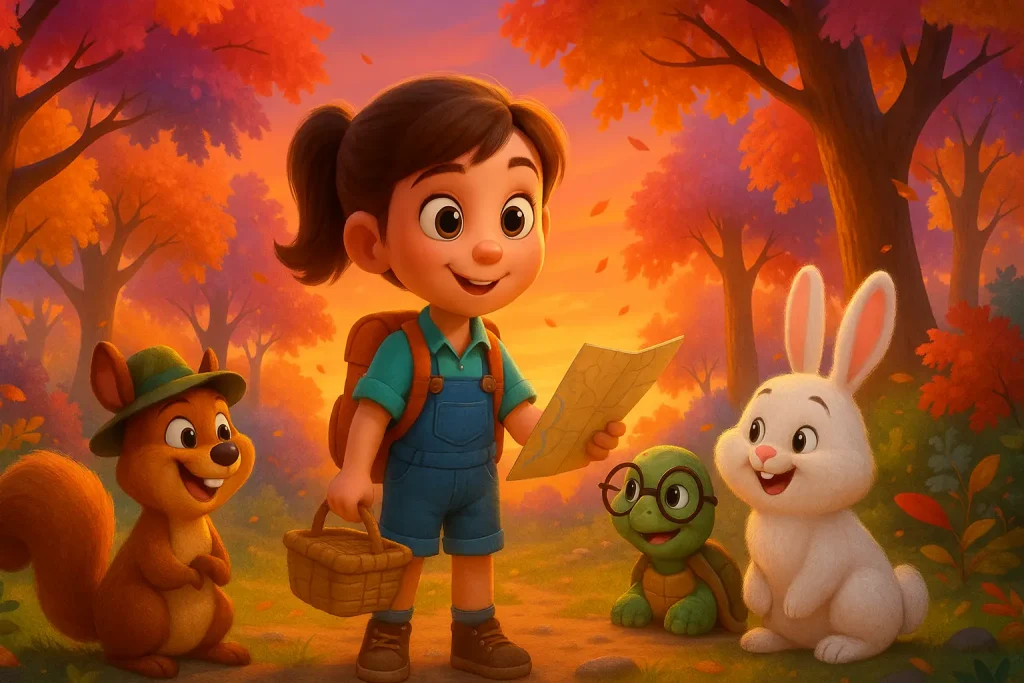 Mira ve orman hayvanları, kütük masa etrafında yiyeceklerini paylaşarak dostluğun tadını çıkarıyor.