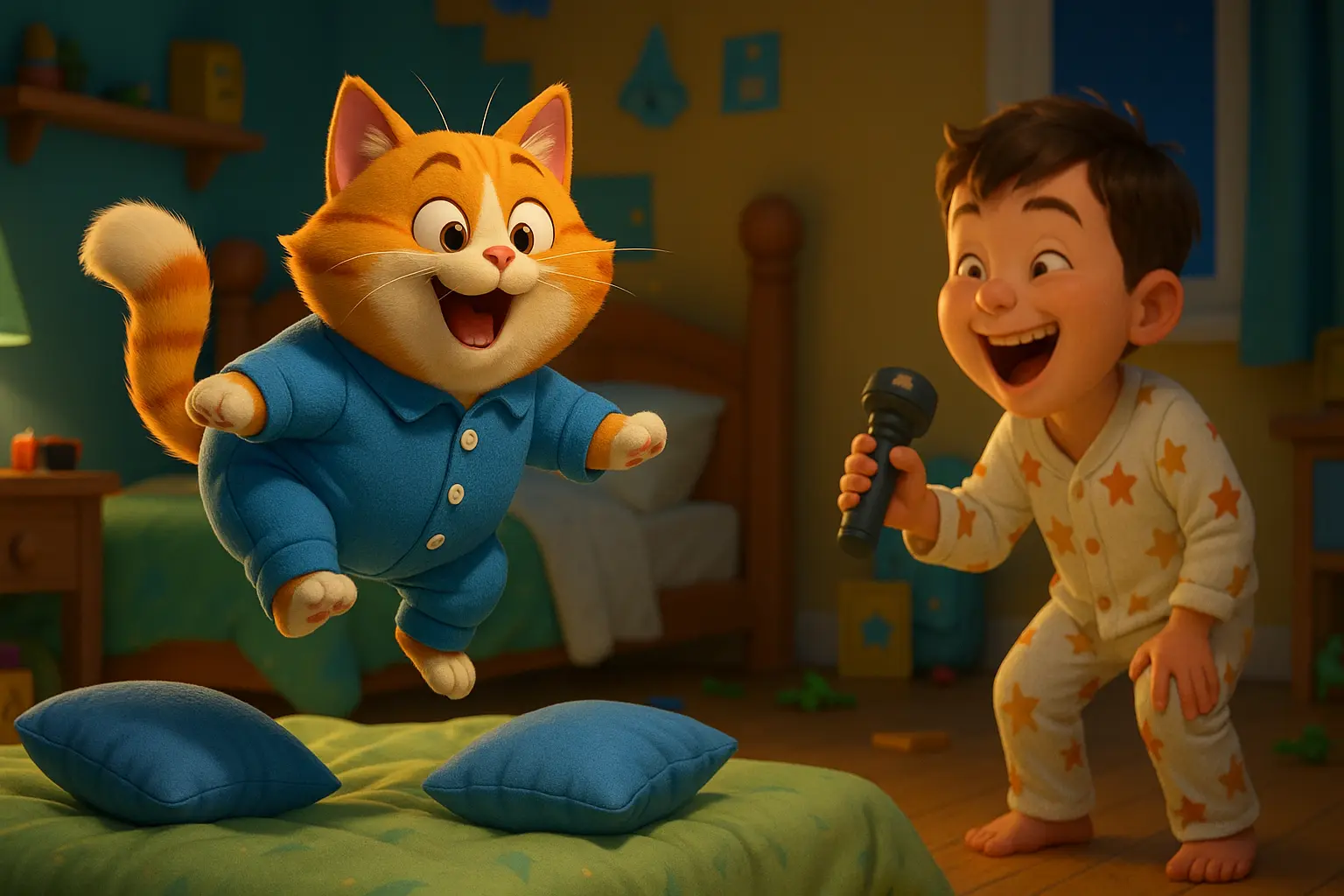 Ters pijamalı komik kedi yastıkların üzerinde zıplarken, Efe kahkahalarla ona bakıyor