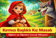 Kırmızı Başlıklı Kız masalı illüstrasyonu, kurt ve küçük kız ormanda
