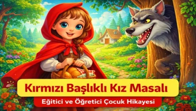 Kırmızı Başlıklı Kız masalı illüstrasyonu, kurt ve küçük kız ormanda