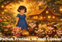 Pamuk Prenses ve Yedi Cüceler masalı illüstrasyonu, ormanda geçen çocuk hikayesi