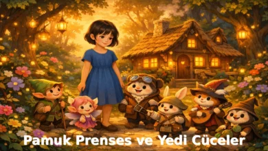 Pamuk Prenses ve Yedi Cüceler masalı illüstrasyonu, ormanda geçen çocuk hikayesi