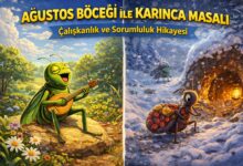 ağustos böceği ile karınca masalı çalışkanlık ve tembellik temalı çocuk hikayesi görseli