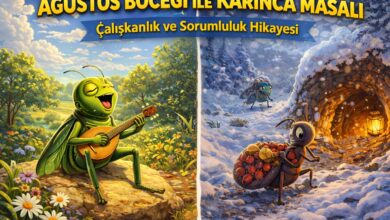 ağustos böceği ile karınca masalı çalışkanlık ve tembellik temalı çocuk hikayesi görseli