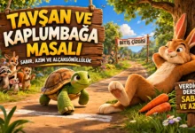 Tavşan ve kaplumbağa masalı yarış sahnesi sabır ve azim temalı çocuk masalı görseli