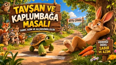 Tavşan ve kaplumbağa masalı yarış sahnesi sabır ve azim temalı çocuk masalı görseli